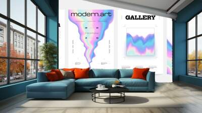 Hologram shapes banner. Modern abstract posters with cosmic geometric shapes, retro futuristic shiny liquid sci-fi forms for label and cover design. Vector set Wall mural