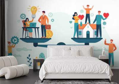 Home and work on scales. Woman and man balancing family and career. Business people compare love, children, job. Balance life vector concept. Illustration comparison finance compare family Wall mural