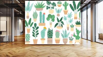 Home plants in pots. Nature houseplants, decoration potted houseplant and flower plant planting in pot vector isolated illustration Wall mural