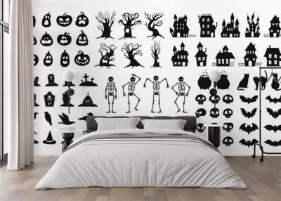 Horror silhouettes. Scary halloween decor skulls and skeletons, witch hats, black cats, crows and graveyard coffins. Spooky house vector set Wall mural