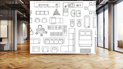 House floor plan furniture top view line icons. Apartment interior blueprint map elements. Table, seats, sofa, bath and toilet vector set Wall mural