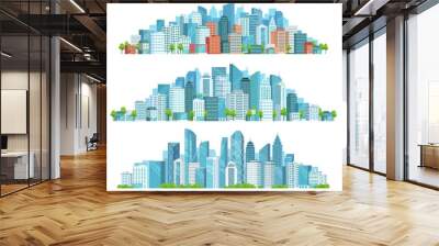 Isolated cityscape. City street, abstract urban and horizontal town landscape panorama cartoon vector illustration set. Panoramic views of downtown, district with modern buildings and skyscrapers. Wall mural