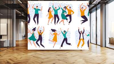 Joyful people. Cheerful couple, happy team celebrating together and group of smiling people. Excited teenager friends characters or joyful businesspeople. Isolated flat vector illustration icons set Wall mural