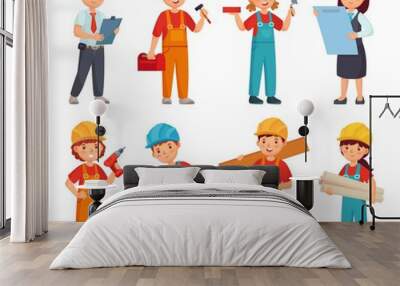 Kids builders. Little boys and girls in builder work suit, children in construction helmet and engineering costumes. Little builders character worker in uniforms cartoon isolated vector icons set Wall mural