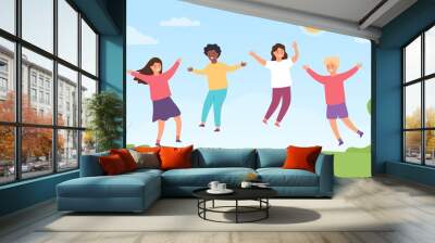 Kids jump on meadow. Cartoon happy children boys and girls playing outside. Childhood summer fun activity at park. Friendship vector concept Wall mural