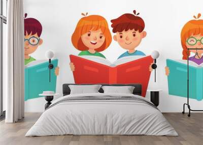 Kids reading book. Education boy girl, illustration vector children with open book read and study Wall mural