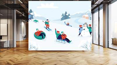 Kids riding sledding slide. Snow landscape, winter snowy fun activities. Sled speed riding or childhood holiday sledge ride game activity vector illustration Wall mural