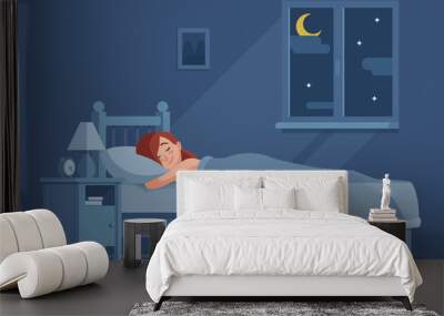 Lady sleeping at night. Woman sleep in bed under duvet cartoon vector concept Wall mural