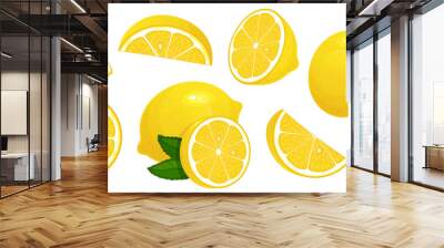 Lemon slices. Fresh citrus, half sliced lemons and chopped lemon isolated cartoon vector illustration set Wall mural