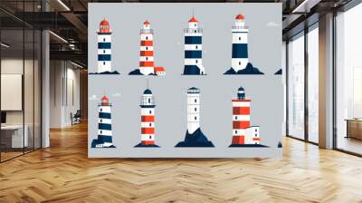 Lighthouses collection. Cartoon nautical navigation light tower, lighthouse beacon and light house symbol, marine seaside architecture flat style. Vector set Wall mural