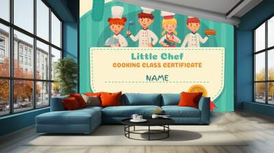 Little chef certificate. Cooking class chefs diploma, cooking food school lesson and kids cooks frame cartoon vector illustration Wall mural