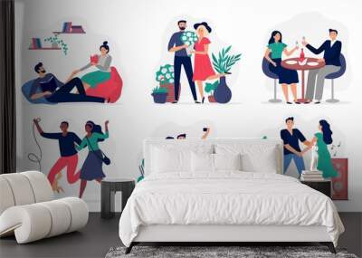 Lovers spend time together. Couples in love, happy people love each other and lifestyle vector illustration set. Woman and man together, love and relationship Wall mural