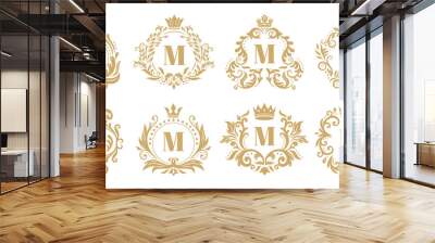 Luxury monogram. Vintage crown logo, golden ornamental monograms and heraldic wreath ornament vector set Wall mural