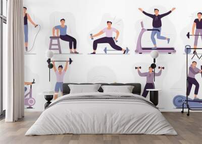 Man at sport gym. Vector illustration set. Sport exercise male character, man do exercise in gym, fitness healthy for body Wall mural