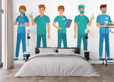 Medical interns team. Young students group, educated nurse with medicines and intern studying medicine science cartoon vector illustration. Medical team uniform, intern and surgeon with stethoscope Wall mural