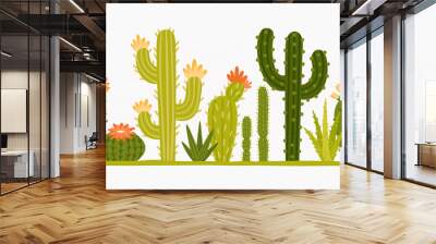 Mexican desert cactus green cartoon collection flora flora. Illustration of green mexican flora, flower plant succulent collection vector Wall mural