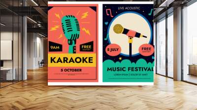 Microphone posters. Cartoon advertising wallpaper for standup open mic comedy, karaoke club, flyer banner design for broadcast music concert promotion. Vector illustration Wall mural