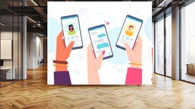 Mobile dating app. Hands holding phones with online dates application, chats, match profiles and mails. Virtual relationship vector concept Wall mural