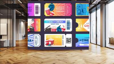 Movie tickets. Cinema event coupon with cartoon icons, retro entry admission ticket mockup design. Vector film festival invite banner collection Wall mural