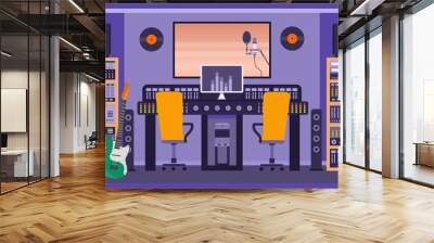 Music recording studio room with loudspeakers, guitar and control panels. Radio booth for singer and bands. Song audio record vector concept Wall mural