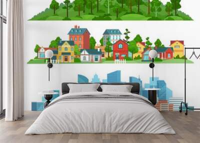 Nature, suburban landscape and cityscape isolated illustration set. Vector cityscape urban town, suburban building and village with green forest Wall mural