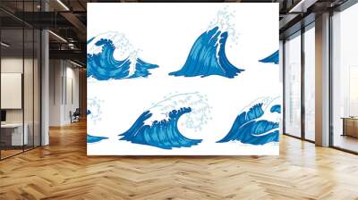 Ocean waves. Raging sea water wave, vintage storm waves and ripples tides hand drawn vector illustration Wall mural