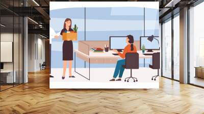 Office hire new employee. Manager introducing female worker to colleague. Woman employee starting working career at company Wall mural