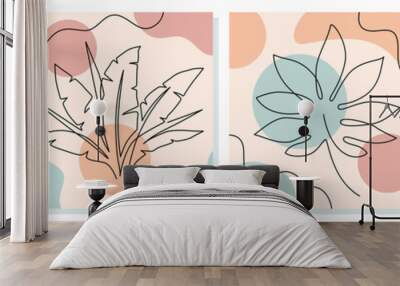 One line leaves. Tropical exotic plants with continuous line leaf and trendy organic shapes of pastel colors vector abstract doodle posters. Modern minimal botanical foliage drawing Wall mural