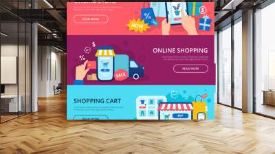 Online shopping banner. Web store credit card, internet shop cart and purchase delivery vector banners set Wall mural