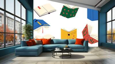 Open books set. Doodle colorful book covers with hand drawn letters, study literature concept for college education. Vector flat set Wall mural