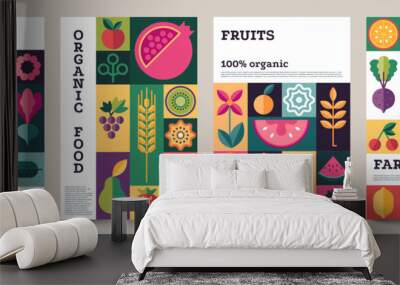 Organic food geometric poster. Minimal abstract layout of nature organic vegetables for food label or package. Vector vegan brochure cover collection Wall mural