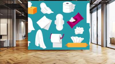 Paper tissue collection. Paper roll with tissues wet and dry, clean napkins box, everyday hygiene products cartoon flat style. Vector isolated set Wall mural