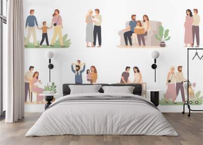 Parents and children. Young family with little baby, pregnant mom and father with son. Husband and wife with kids, familys lifestyle relationship. Isolated vector illustration icons set Wall mural