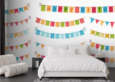 Party bunting. Color paper triangular flags collected and draped in garlands, happy birthday buntings. Party celebration bunting, fabric festive flag. Cartoon isolated vector icons set Wall mural