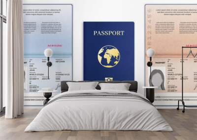 Passport template. International open passport with sample personal data page man and woman document for travel and immigration, vector set. Blue cover with globe, realistic id with information Wall mural