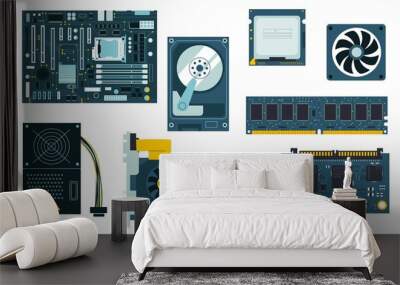 pc components. cpu gpu motherboard cooler, ssd and hand drawn memory modules, system unit and power  Wall mural