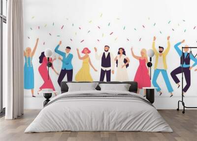 People dancing at wedding. Romance newlywed dance, traditional wedding celebration celebrating with friends and family vector illustration. Cute happy bride, groom and guests having fun at party. Wall mural