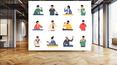 People eating. Cartoon different persons have lunch brunch and tasting desserts, customers in cafe and family at the desk. Vector men and women chewing meal set Wall mural