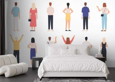 People from behind. Adult man and woman back view standing poses. Happy person with hands up and waving. Rear human in clothes vector set Wall mural