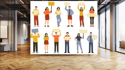 People holding banners. Cartoon characters with blank poster and signboard, flat mockup template with empty space for text or design. Vector illustration. Demonstration with announcements Wall mural