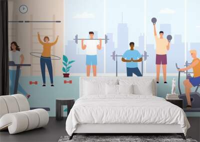 People in gym. Man and woman on training apparatus, exercise bike and treadmill. Fitness workout and indoor sport room flat vector concept. Male characters with barbells and kettlebells Wall mural