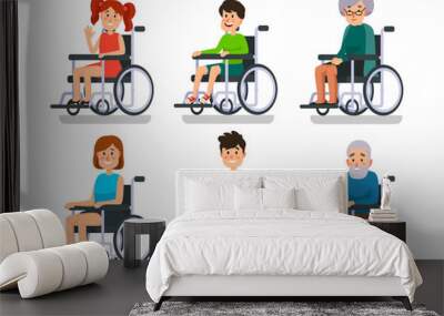 Persons in wheelchair. Hospital patient with disability. Disabled boy and girl, man woman and old people in wheelchairs vector set Wall mural