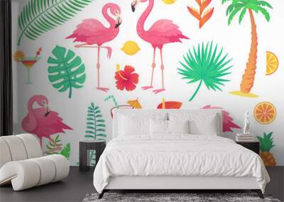 Pink flamingo and tropical plants. Beach palm, african plant leafs, rainforest flower, tropic palms leaf and rosy flamingos vector set Wall mural