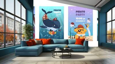 Pirate animals posters. Cartoon cute marine characters in pirate costumes, summer party banners and invitations. Vector flyers with funny animals collection Wall mural