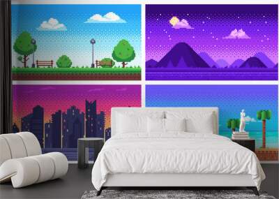 Pixel art landscape. Summer ocean beach, 8 bit city park, pixel cityscape and highlands landscapes arcade game vector background Wall mural