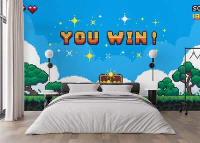 Pixel game win screen. Retro 8 bit video game interface with You Win text, computer game level up background. Vector pixel art illustration Wall mural