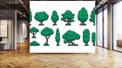 Pixel trees. Cartoon 8 bit retro game nature plant and environment object, video game sprite asset. Vector forest landscape elements isolated set Wall mural