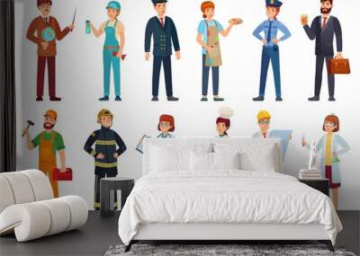 Professional workers. Different jobs professionals, labor people and workers cartoon vector illustration set. Job and work, worker or teacher, cleaner, artist and pilot Wall mural