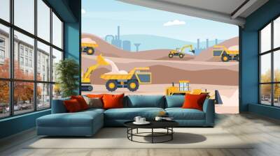 Quarry landscape. Sand pit with heavy mining equipment, bulldozer, digger, trucks, excavator and factory. Open mine industry vector concept Wall mural