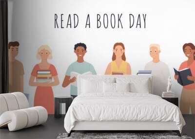 Read a book day. People standing with books, young men and women read books cultural festival world book day education hobby vector concept. Person with book, reading and standing illustration Wall mural